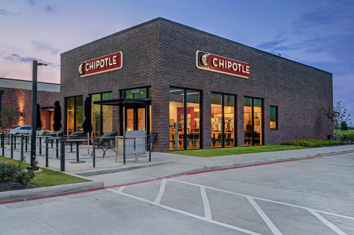 Side view of a modern Chipotle restaurant in Houston, TX, renovated by GSD Construction