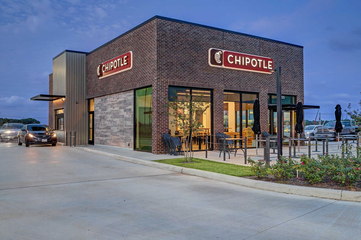 Wide-angle view of a Chipotle restaurant in Houston, TX, after a renovation by GSD Construction