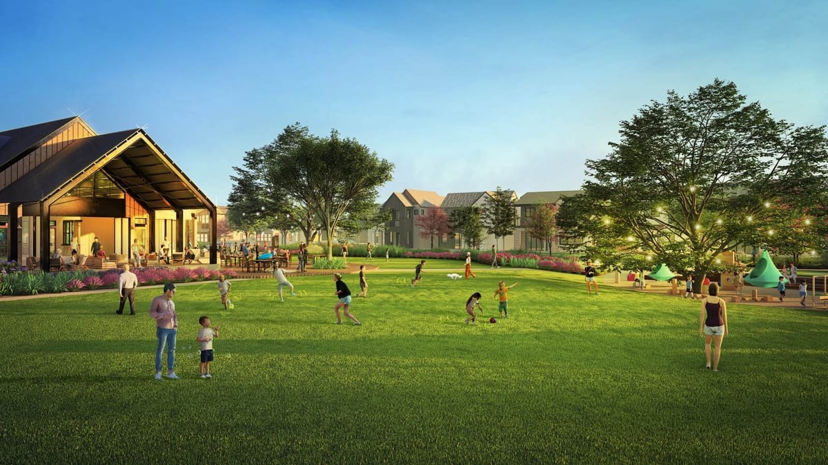 Community rendering showing families enjoying the green space near The 1824 at Austin Point, built by GSD Construction-1